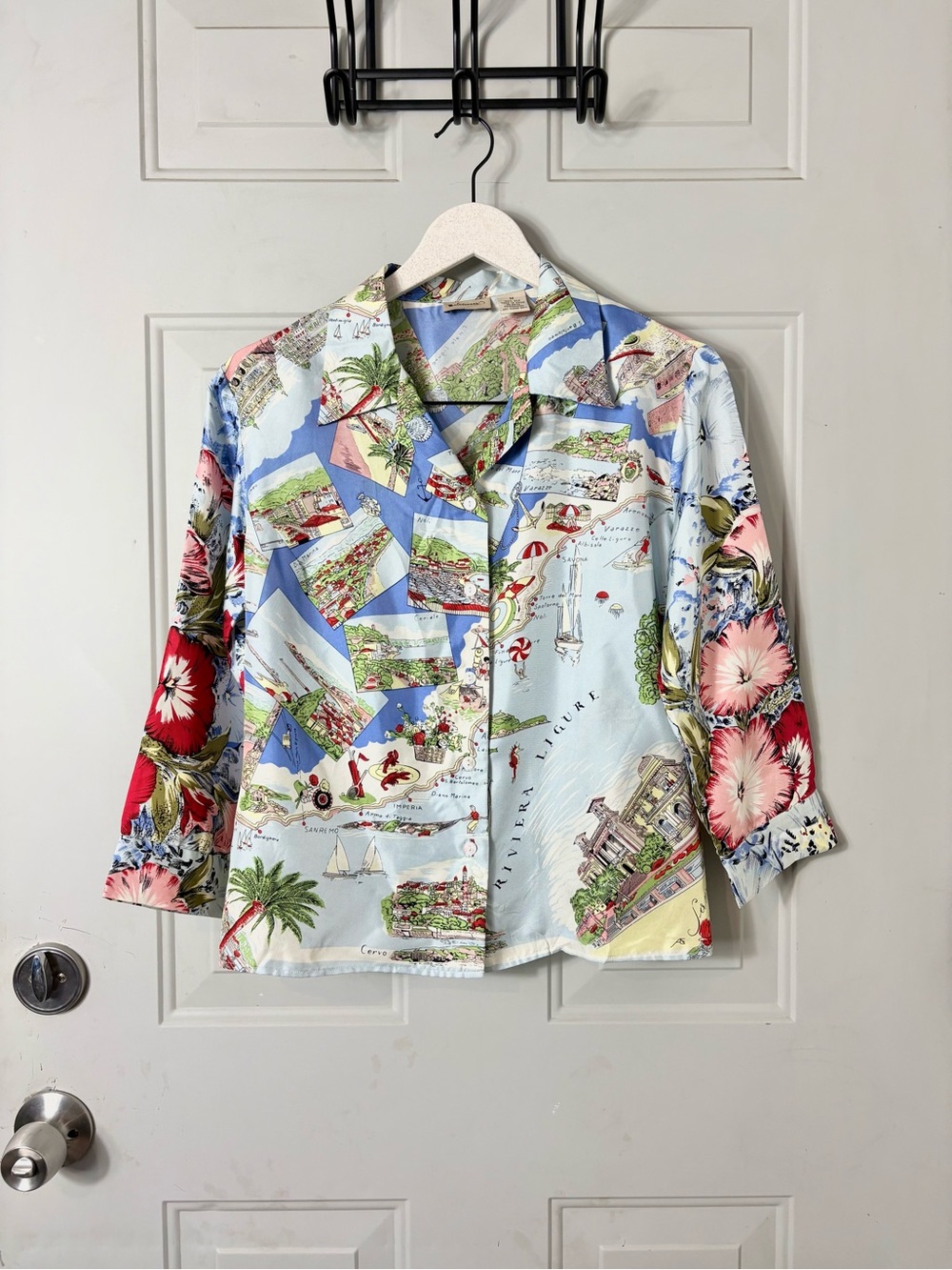 Anthropologie Elevenses Rare 100% Silk Italian Riviera Map Cropped Blouse Medium